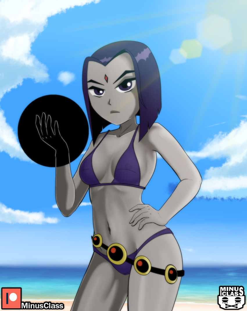 1girls beach bell bikini bikini_top cambion dc dc_comics demon demon_girl female female_only forehead_jewel grey_body grey_skin half_demon looking_at_viewer minus_class navel negative_energy nipples_visible_through_clothing ocean purple_bikini purple_eyes purple_hair purple_swimsuit rachel_roth raven_(dc) short_hair sky smooth_skin sun sunlight superheroine swimsuit teen_titans umbrakinetic