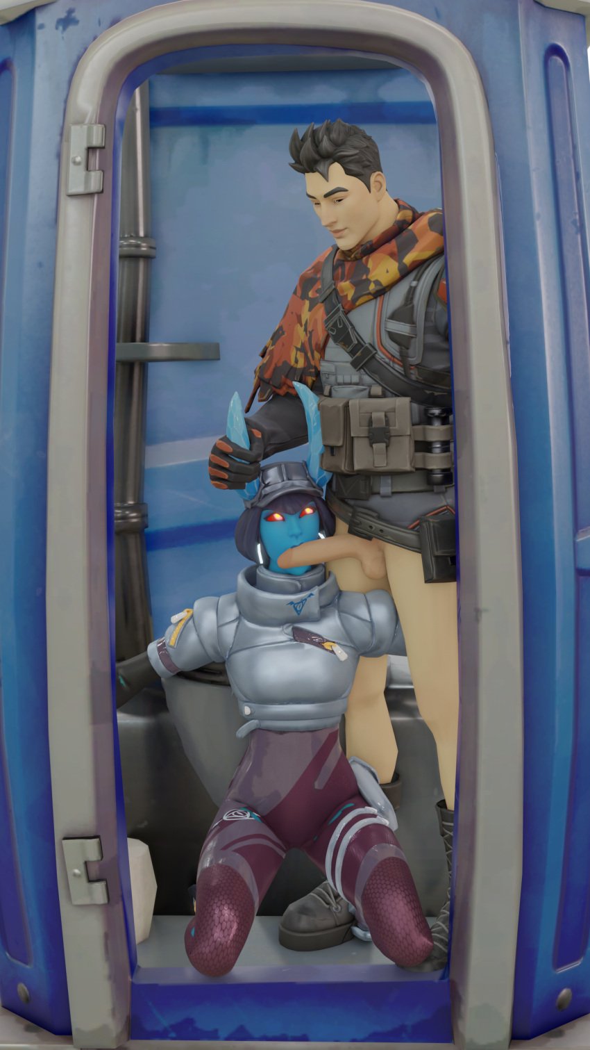 3d bathroom big_penis blender blowjob clothed female female_demon fortnite grabbing_horns kissing_penis longshot_(fortnite) male shiver_(fortnite) staring_at_partner