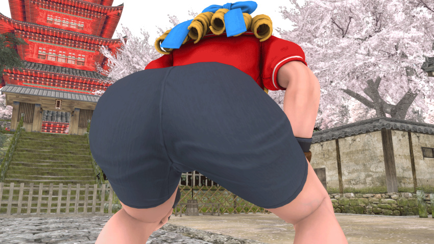 1girls animated ass ass_focus ass_shake big_ass black_shorts blonde_hair blue_hair_ribbon capcom gif hair_ribbon hands_on_thighs jacket karin_kanzuki kishi red_jacket ribbon shorts street_fighter tight_pants tight_shorts twerking