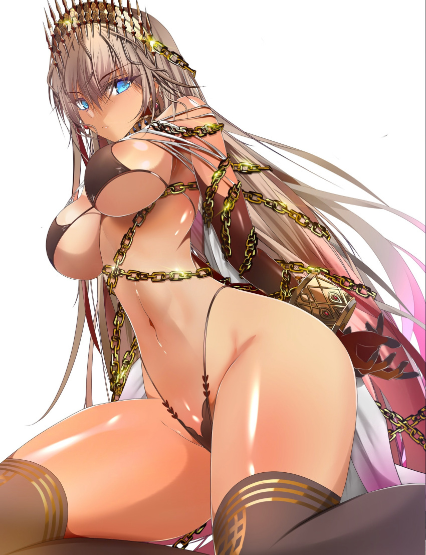 1girls arched_back artist_request ass ass_focus bangs bare_midriff bare_shoulders bare_thighs bikini bikini_bottom bikini_top black_bikini black_gloves blue_eyes bracelet breasts chains choker crown dark-skinned_female dark_skin eyebrows_visible_through_hair fate/grand_order fate_(series) female female_focus female_only gloves gold_(metal) gold_jewelry hair_between_eyes hair_ornament jewelry large_breasts long_gloves long_hair looking_at_viewer mace midriff navel necklace nipple_bulge nipples_visible_through_clothing on_knees revealing_clothes side_view sideboob skimpy skimpy_bikini skimpy_clothes sole_female solo solo_female solo_focus swimsuit swimwear tagme tan_skin thick_thighs thighs thin_waist underboob weapon white_hair zenobia_(fate)