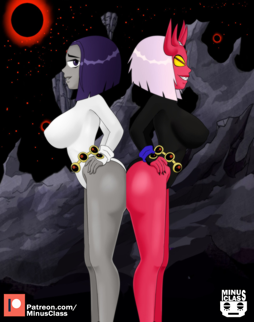 2d 2girls 4_eyes ass_to_ass big_ass big_breasts black_leotard cambion dc dc_comics demon demon_girl demon_horns female female_only female_superhero forehead_jewel goth goth_girl grey-skinned_female grey_body grey_skin half_demon hips horns hourglass_figure legs leotard lower_body minus_class multi_eye nipples nipples_visible_through_clothing pink_hair purple_eyes purple_hair rachel_roth raven_(dc) red-skinned_female red_body red_skin selfcest sharp_teeth short_hair side_view sideboob smile smiling straight_hair superhero superheroine teen_titans thighs upper_body voluptuous white_leotard yellow_eyes