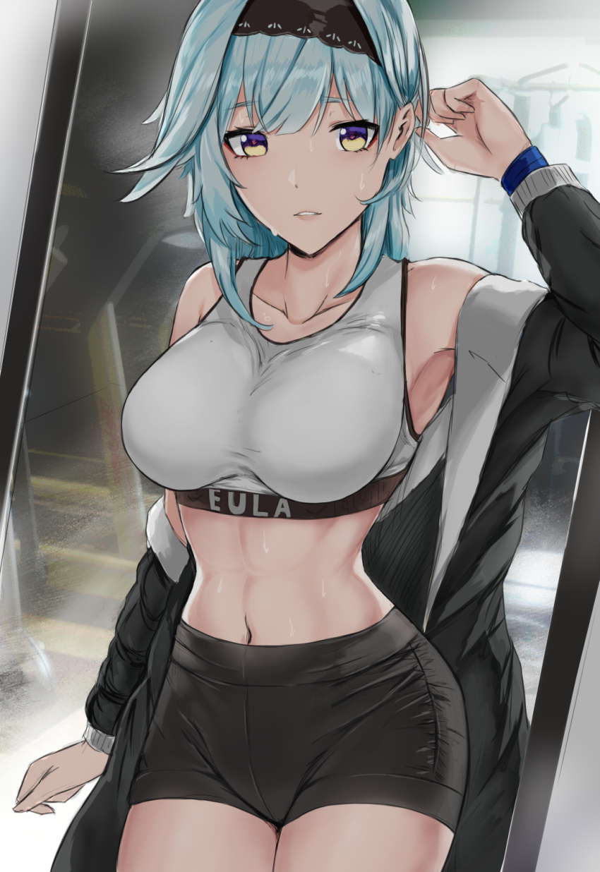 1girls abs bare_shoulders black_jacket black_shorts blue_hair breasts character_name cowboy_shot eula_(genshin_impact) genshin_impact gym_clothes gym_shorts hairband hand_up hi_res highres i-chandraws jacket large_breasts long_sleeves looking_at_viewer midriff navel off_shoulder open_clothes open_jacket parted_lips short_shorts shorts solo sports_bra sportswear sweat yellow_eyes