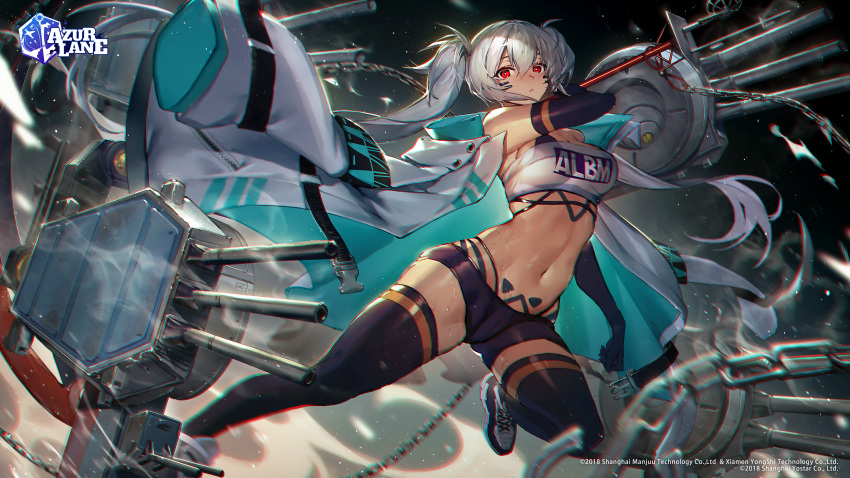 1girls 2018 alabama_(azur_lane) armband azur_lane bandeau bangs bare_midriff bare_shoulders belly_button bikini bikini_top bikini_under_clothes black_bikini black_gloves black_legwear black_shorts body_markings bodypaint breasts chains cleavage closed_mouth clothes_writing coat coat_on_shoulders dark-skinned_female dark_skin detached_collar elbow_gloves english_text facial_mark female floating_hair gloves groin guns hair_between_eyes highleg holding holding_object jacket jacket_on_shoulders large_breasts logo long_coat long_gloves long_hair long_sleeves looking_at_viewer mebaru midriff native_american navel navel_line ocean official_art open_clothes pubic_tattoo red_eyes short_shorts shorts side_view sidelocks skindentation snap-fit_buckle sneakers solo standing strapless swimsuit tagme tagme_(artist) tattoo taut_clothes thighhighs thighs torn_coat tubetop twintails very_long_hair water watermark wet wet_skin whisker_markings white_coat white_hair white_jacket white_tubetop