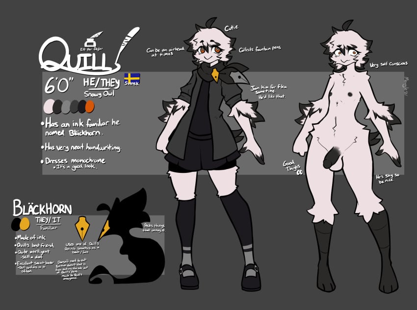 1boy anthro avian balls character_name character_sheet clothed clothing description fully_clothed male male_only measurements mewgle nude original_character owl penis quill_(mewgle) standing text white_fur