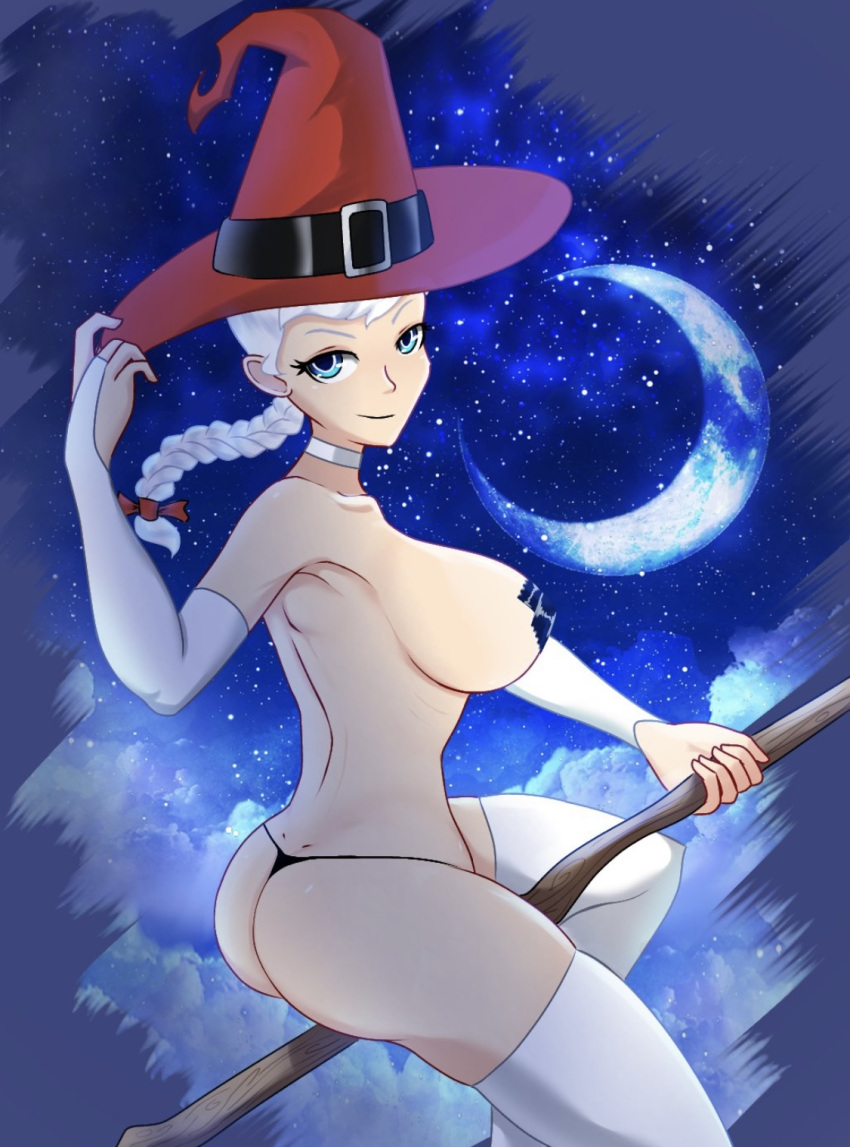 ass black_panties blue_eyes breasts broomstick choker iron_armenian lady_baron looking_at_viewer night_sky nipples_covered qween1795 red_ribbon side_view thighhighs white_gloves white_hair witch_hat