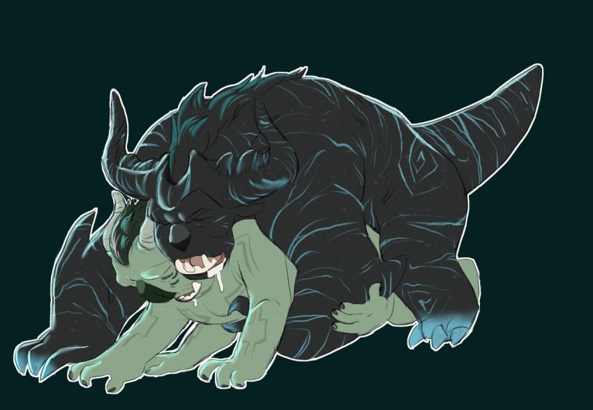 4_arms big_horn black_body black_skin blue_markings bodily_fluids claws closed_eyes dictatious_galadrigal doggy_style drooling drooling_on_partner duo embrace exxo_yawning from_behind_position green_body green_skin gunmar_the_black hooves horn humanoid large_teeth male male/male markings monster multi_arm multi_limb muscular raised_tail saliva sex size_difference size_play slouching tales_of_arcadia teeth troll trollhunters