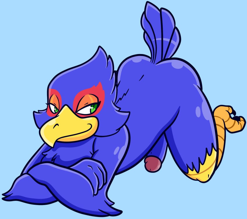 2021 all_fours anthro ass avian beak bird blue_body blue_feathers crossed_arms eye_markings falco_lombardi feathers galliform genitals girly hi_res male male_only markings nintendo nude penis phasianid sinribbons solo star_fox tail_feathers talons video_games