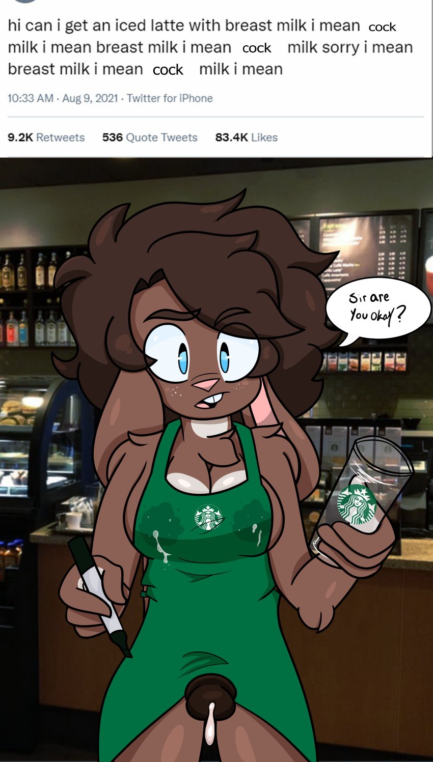 big_breasts breasts clothed cum cum_drip iced_latte_with_breast_milk lactation meme milk penis penis_out question rabbit starbucks starbuks_meme