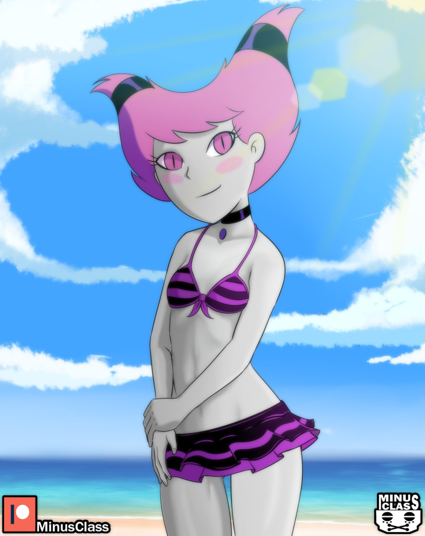 1girls antiheroine beach bikini bikini_top blush cat_eyes dc dc_comics female female_only grey_body grey_skin jinx_(dc) looking_at_viewer metahuman minus_class ocean pink_eyes pink_hair sky small_breasts smile smiling smiling_at_viewer striped_bikini striped_swimsuit sun sunlight swimsuit teen_titans