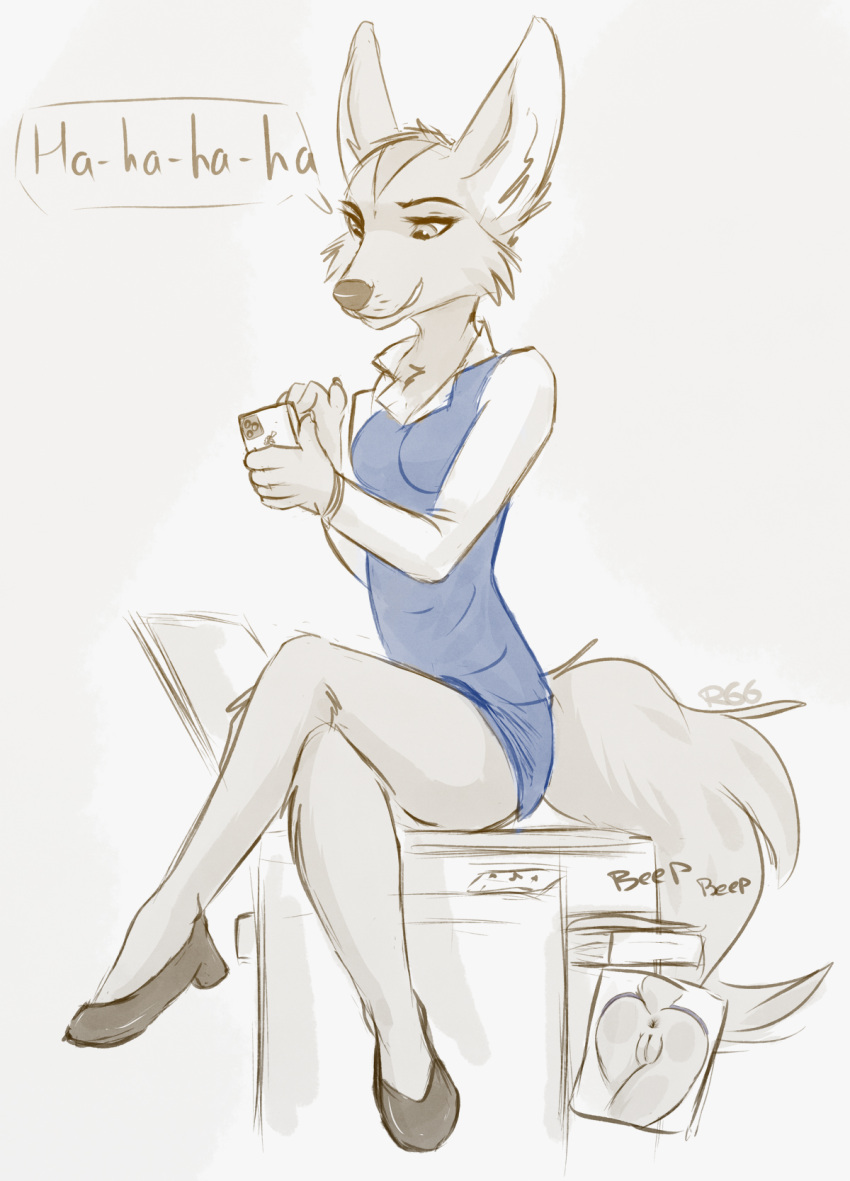 aggressive_retsuko anthro anus canid canine clothed clothing crossed_legs female fennec fenneko fox genitals hi_res high_heels looking_down mammal no_underwear office_lady photocopier photocopying_butt pussy ruth66 sanrio simple_background smile smooth_fur solo text upskirt