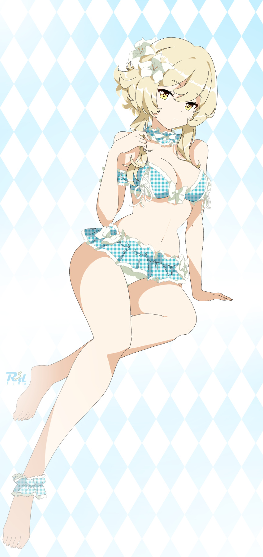 bikini blonde_hair collar female genshin_impact gingham gold_eyes lumine_(genshin_impact) r3dfive solo