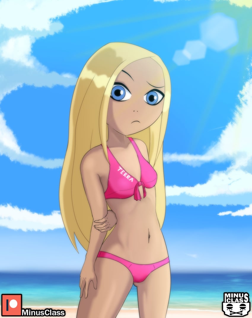 1girls antiheroine beach bikini bikini_top blonde_hair blue_eyes dc dc_comics female female_only human long_hair looking_at_viewer metahuman minus_class navel ocean pink_bikini pink_swimsuit sky small_breasts solo sun sunlight swimsuit tara_markov teen_titans terra_(dc)