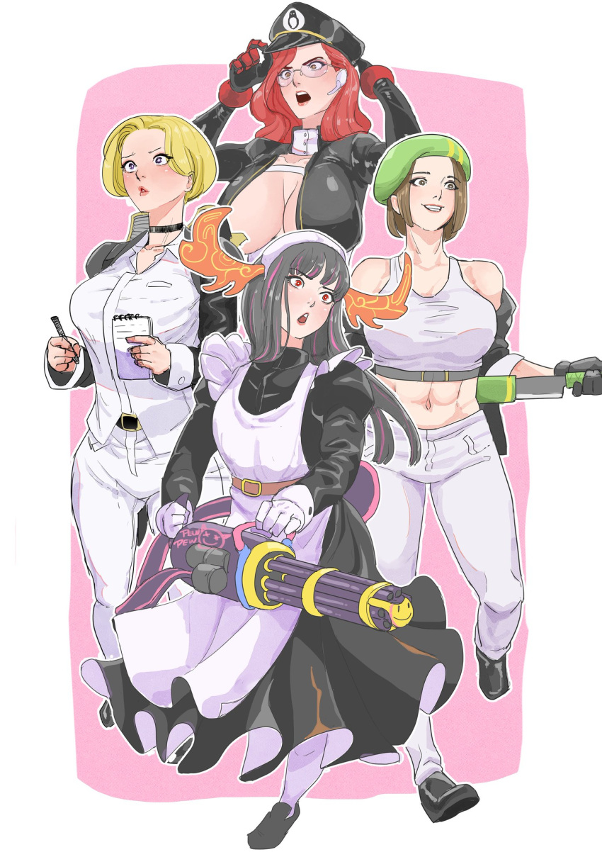 4girls black_choker blades blonde_hair brown_hair choker cleavage glasses gun hands_up holding_object huge_breasts large_breasts long_hair machine_gun maid maid_apron maid_headdress multicolored_hair multiple_girls open_clothes open_mouth pen pink_hair red_eyes shoes short_hair simple_background sports_bra standing sword swords teeth teeth_showing teeth_visible upper_teeth weapon weapons