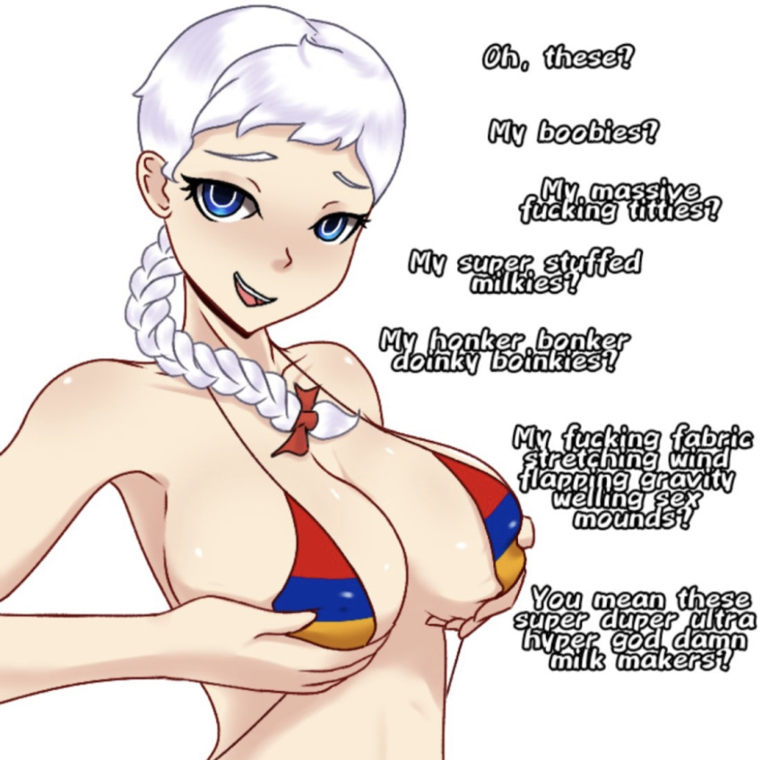 alternate_version_available armenia armenian armenian_flag bikini blue_eyes braid breasts dialogue holding_breast iron_armenian lady_baron national_personification qween1795 red_ribbon white_hair