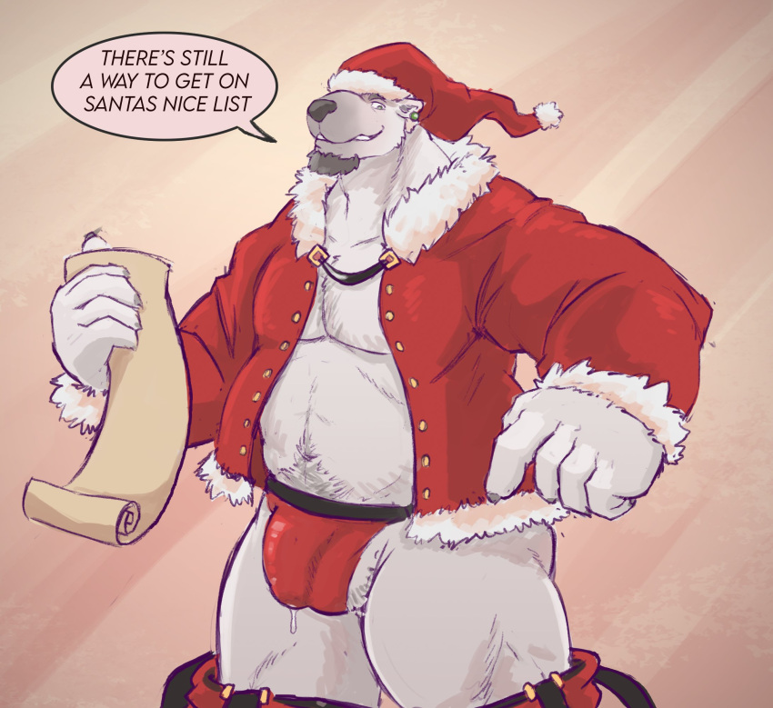 2021 anthro balls belly bulge christmas christmas_clothing christmas_headwear clothing english_text galrock genital_outline genitals hat headgear headwear hi_res holidays humanoid_hands male male_only mammal moobs navel overweight overweight_male penis_outline polar_bear santa_claus santa_hat solo text underwear ursid ursine