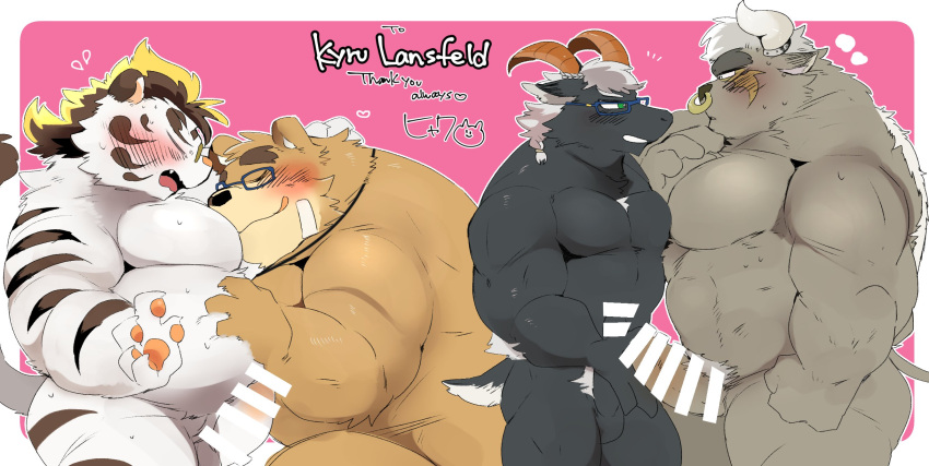 2021 anthro belly blush brown_body brown_fur censored closed_eyes erection eyewear felid fur genitals glasses group hi_res hyaku_(artist) kemono licho_(tokyo_afterschool_summoners) lifewonders male male/male mammal moobs overweight overweight_male pantherine penis tiger tokyo_afterschool_summoners ursid video_games volos white_body white_fur