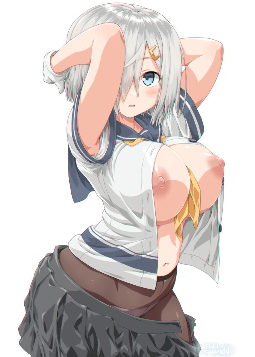 black_legwear blue_eyes blue_sailor_collar blush breasts clothes_pull dated dd_(ijigendd) female gloves grey_skirt hair_ornament hair_over_one_eye hairclip hamakaze_(kantai_collection) highres kantai_collection large_breasts looking_at_viewer neckerchief nipples open_mouth panties panties_under_pantyhose pantyhose pleated_skirt sailor_collar school_uniform serafuku short_hair short_sleeves silver_hair simple_background skirt skirt_pull solo twitter_username underwear white_background white_gloves yellow_neckerchief