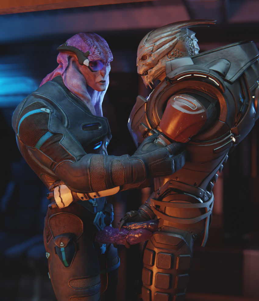 2021 3d_(artwork) alien alien_humanoid angara armor clothing digital_media_(artwork) duo erection frottage genitals hi_res humanoid interspecies jaal_ama_darav male male/male mass_effect mass_effect_andromeda not_furry nude penis ralic_turman sex turian video_games visor