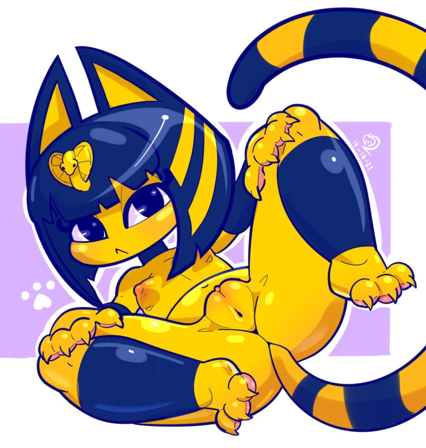 2021 animal_crossing ankha ankha_(animal_crossing) anthro breasts claws felid feline felis female fur furry furry_only genitals hair hi_res looking_at_viewer mammal naked nintendo nipples nude pawpads pussy signature solo spread_eagle spread_legs spreading tail video_games vixycore