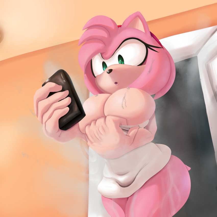 1:1 absurd_res amy_rose anthro big_breasts breasts cellphone cleavage eulipotyphlan female fur furry furry_only general_godzilla hair hedgehog hi_res huge_breasts large_breasts mammal phone pink_body pink_fur pink_hair sega solo sonic_(series) tail thick_thighs towel towel_only wide_hips