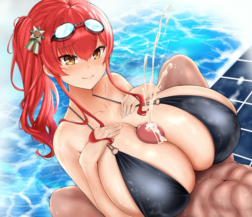 azur_lane bikini cum ejaculation ejaculation_between_breasts goggles hair_ribbon huge_breasts paizuri ponytail pool red_hair sayo_ayato yellow_eyes zara_(azur_lane) zara_(poolside_coincidence)_(azur_lane)