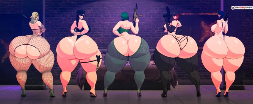 5girls alternate_ass_size ash_(rainbow_six) ass ass_cleavage big_ass bottom_heavy brazilian brazilian_female breasts bubble_ass bubble_butt butt_crack caveira_(rainbow_six) dat_ass ela_(rainbow_six) female high_heels holding_object holding_weapon huge_ass hyper_ass legwear massive_ass multiple_girls pawg rainbow_six rainbow_six_siege ranged_weapon someshittysketches sunglasses tagme thick_ass thick_thighs thigh_highs thighhighs tinted_eyewear twitch_(rainbow_six) valkyrie_(rainbow_six) voluptuous weapon wide_hips