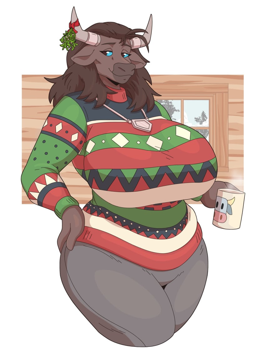 1girls anthro big_breasts black_hair blue_eyes bovine breasts christmas clothed clothing cow_ears cow_horns cup european_mythology female female_only fur furry furry_only greek_mythology hand_on_hip hi_res holding_cup horns long_hair looking_at_viewer minotaur minotaur_female mistletoe mythology necklace nihea_avarta slightlysimian smiling smiling_at_viewer solo solo_female sweater thick_thighs wide_hips