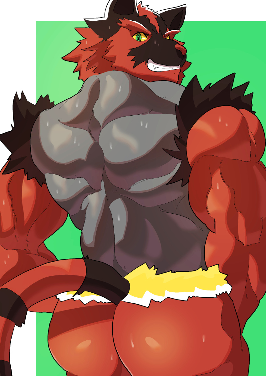 2021 abs absurd_res anthro armpit_hair ass bara biceps big_butt big_muscles blush body_hair chest_hair digital_drawing_(artwork) digital_media_(artwork) fire fur goldlightyou hand_on_hip hi_res incineroar male male_only muscular muscular_anthro muscular_male nintendo pokémon_(species) pokemon signature smile solo solo_male teeth video_games