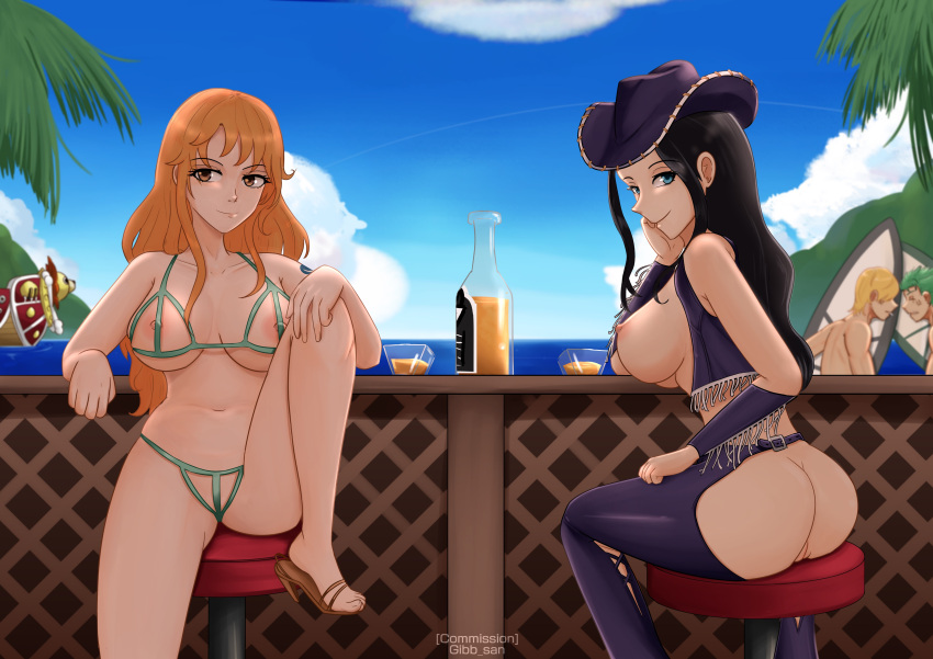 2girls ass assless_chaps bar beach big_ass big_breasts big_butt bikini bikini_bottom bikini_top black_hair blue_eyes breasts breasts_out brown_eyes clothed clothed_female commission cowboy_hat female female_focus gibb_san green_bikini high_heels light-skinned_female light_skin long_hair male miss_all_sunday nami nami_(one_piece) nico_robin nipples nude nude_female one_piece open_toe_shoes orange_hair partially_clothed post-timeskip revealing_clothes showing_ass showing_breasts showing_pussy thick_ass thick_thighs vagina