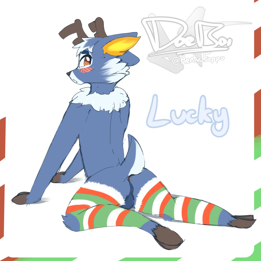 anthro blush doeboi hi_res leg_stockings looking_back male solo