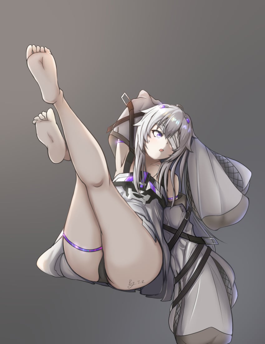 1girls armpits bare_legs barefoot body_writing clothed eye_patch feet female female_focus female_only long_hair looking_away no.21 petite punishing:_gray_raven purple_eyes robot_girl sitting small_breasts solo t.r underwear watermark white_fur