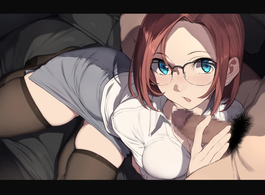 1boy black-framed_eyewear black_legwear blue_eyes blush breasts brown_hair_girl_(nagioka) censored clothed_female_nude_male collared_shirt commentary couch earrings female from_above glasses grey_skirt highres indoors jewelry looking_at_viewer male_pubic_hair medium_breasts mosaic_censoring nagioka nagioka_(sblack) nude office_lady on_couch open_mouth original over-rim_eyewear pencil_skirt penis penis_grab pov pubic_hair red_hair sblack semi-rimless_eyewear shirt short_hair skindentation skirt solo_focus straight thighhighs white_shirt zettai_ryouiki