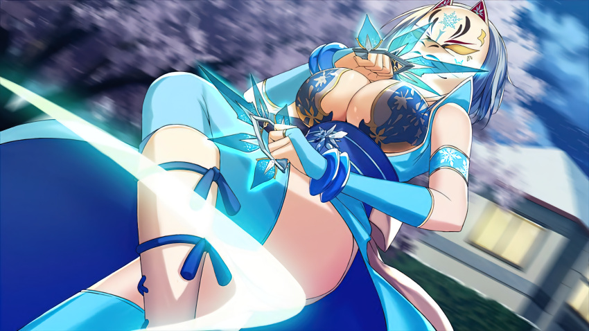 absurd_res alternate_version_available armwear big_breasts blue_dress blurry_background cape cat_ears chakram cleavage cleavage_cutout highres ice japanese_clothes mask masked_female moe_ninja_girls night ninja ninja_clothes obscured_face ornament pattern_clothing ricka_machiyuki ring sakura_tree snowflake thighhighs thighs upscaled waist_band weapon white_hair wrist_cuffs yellow_eyes