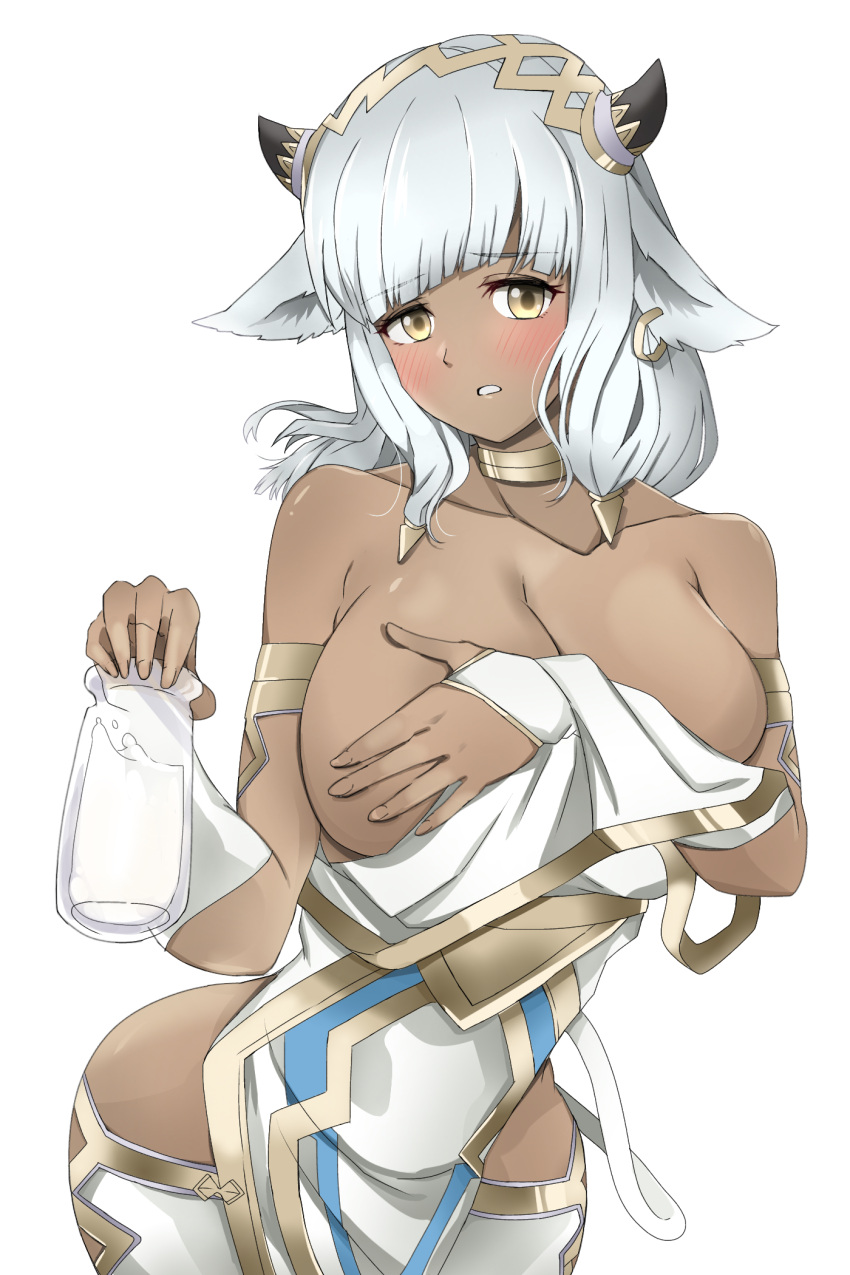 1girls ash_(fire_emblem) bad_censor bangs bare_shoulders bare_thighs blush breasts brown_eyes cleavage clothes_removed collarbone covering covering_breasts cow_girl dark-skinned_female dark_skin earrings embarrassed female_only fire_emblem fire_emblem_heroes hourglass_figure huge_breasts looking_at_viewer medium_hair milk nintendo pointy_ears silver_hair solo thighhighs thighs toshimasa wardrobe_malfunction white_background white_hair yellow_eyes