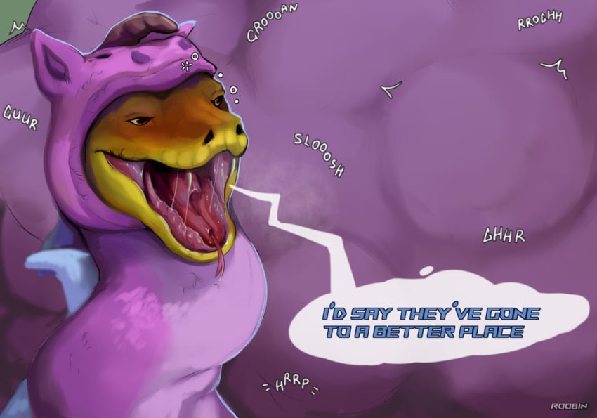 bodily_fluids clothing costume dialogue digestion fangs feral male mr._snake_(the_bad_guys) open_mouth reptile roobin saliva scalie snake snake_tongue soft_vore solo speech_bubble stomach_bulge vore