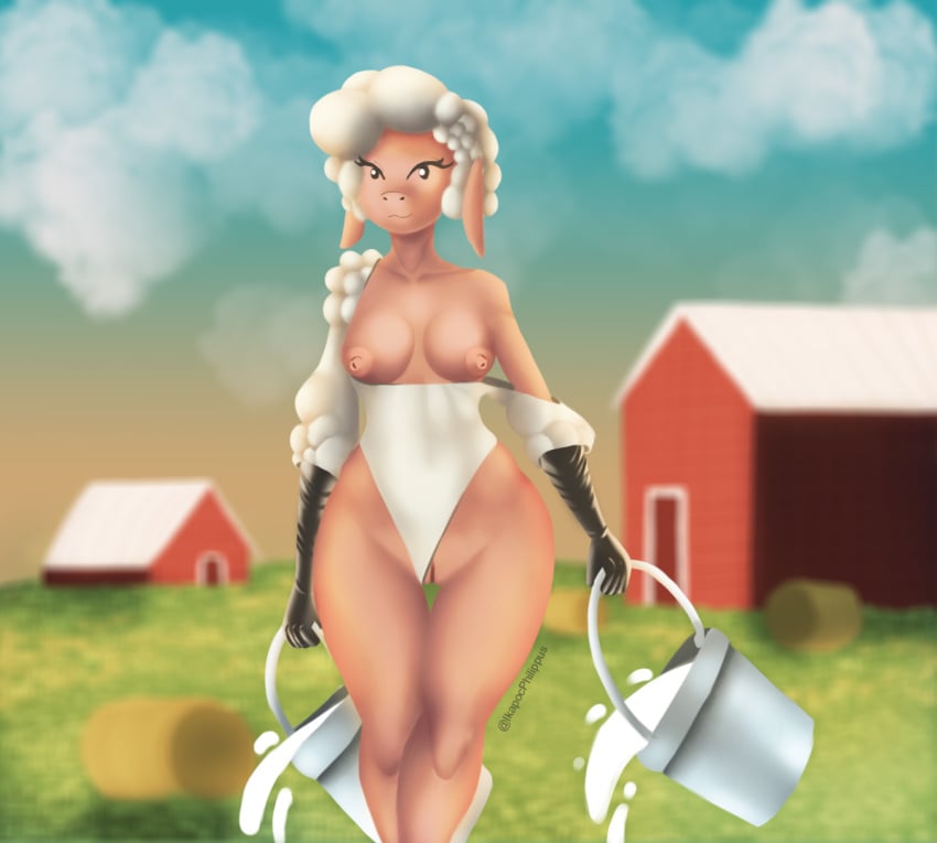 areola armwear big_breasts bovid breasts caprine clothed clothing domestic_sheep droopy_(series) farm farmgirl female fur genitals gloves hair handwear heart leggy_lamb looking_at_viewer mammal metro-goldwyn-mayer milk milkmaid_(profession) nipples partially_clothed pussy sheep sheep_wrecked smile solo topless unknown_artist wide_hips