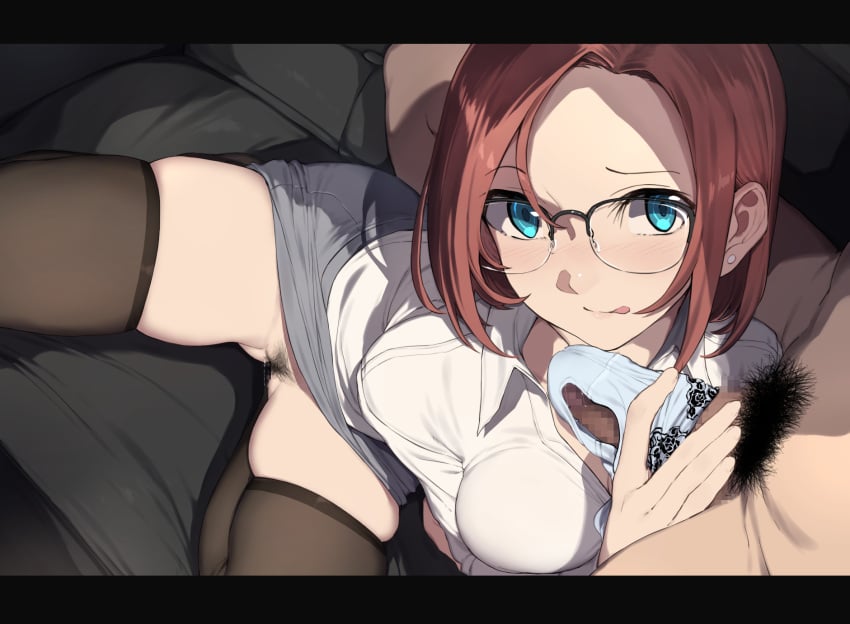 1boy black-framed_eyewear black_legwear blue_eyes blue_panties blush bottomless bottomless_skirt breasts brown_hair_girl_(nagioka) censored closed_mouth clothed_female_nude_male collared_shirt commentary couch earrings female female_pubic_hair from_above glasses grey_skirt highres indoors jewelry looking_at_viewer male_pubic_hair medium_breasts mosaic_censoring nagioka nagioka_(sblack) no_panties nude office_lady on_couch original over-rim_eyewear panties panties_on_penis panties_removed panty_on_penis pantyjob pencil_skirt penis penis_grab pov pubic_hair pussy_juice red_hair sblack semi-rimless_eyewear shirt short_hair skindentation skirt small_penis solo_focus spread_legs straight thighhighs tongue tongue_out underwear white_shirt