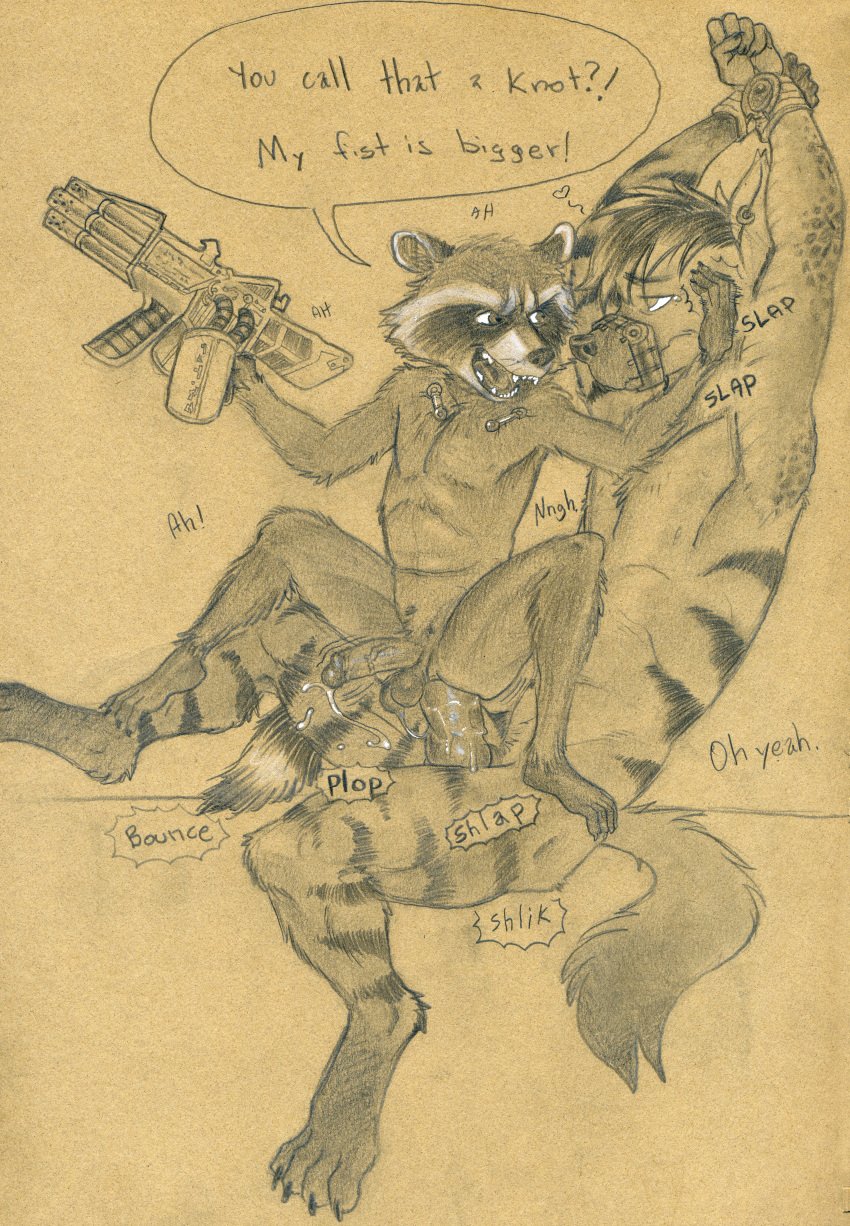 2boys abs absurd_res anal anthro arms_above_head arms_tied balls bodily_fluids bound claws cum cybernetics cyborg degradation dialogue duo ear_piercing ear_ring erection fangs fluffy fluffy_tail foreskin furry_only gay genital_fluids genitals guardians_of_the_galaxy gun hand_on_cheek heart hi_res huge_filesize hyaenid knot machine male male/male male_only mammal marvel muscular muzzle_(object) muzzled partially_scaly penis piercing power_bottom precum procyonid raccoon ranged_weapon rocket_raccoon size_difference small_dom_big_sub small_knot_humiliation sound_effects tanner_(paladin46) tush weapon yaoi