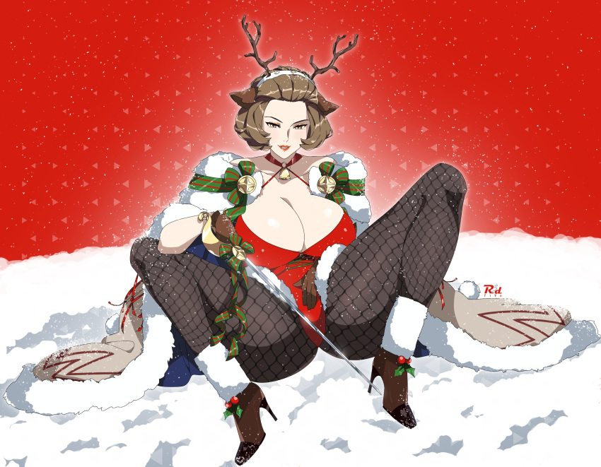 1girls alternate_costume animal_costume animal_ears antlers ass beauty_mark beckoning breasts brown_eyes brown_hair cape choker christmas christmas_ornaments christmas_outfit cleavage deer_ears eyeshadow fake_animal_ears fake_antlers female fire_emblem fire_emblem:_three_houses fire_emblem_heroes fishnet_legwear fishnets fur_trim gloves hair_slicked_back highres huge_breasts lips lipstick looking_at_viewer makeup manuela_casagranda manuela_casagranda_(winter) mole mole_under_eye naughty_face nintendo official_alternate_costume open_mouth orange_eyeshadow orange_lips orange_lipstick presenting r3dfive reindeer_antlers reindeer_costume seductive seductive_smile short_hair smile solo spread_legs thick_thighs