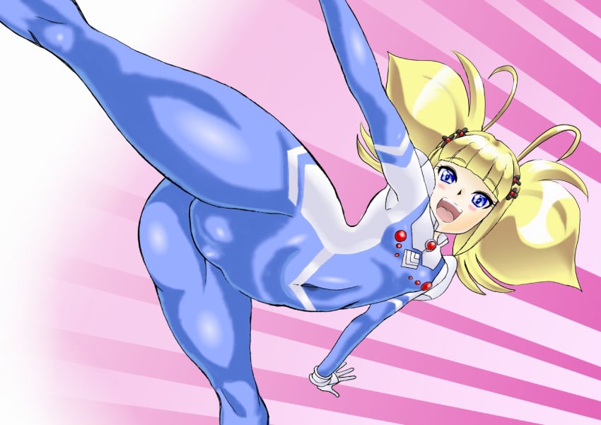 2017 antenna_hair blonde_hair blue_eyes blush bodysuit cameltoe chloe_(future_avengers) future_avengers hair_ornament happy kicking light_blue_eyes marvel marvel_comics pink_background ponytail shinjuro_kaigusa small_breasts vagina