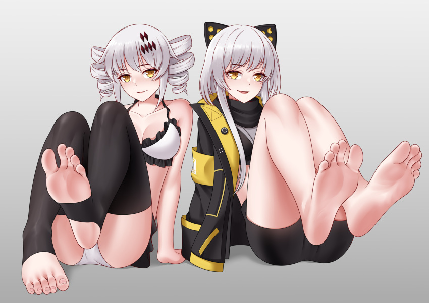 2girls bangs bare_legs bare_shoulders barefoot blush bra cat_ears clone female female_focus female_only foot_fetish hair_ornament highres karenina_(punishing:_gray_raven) long_hair medium_breasts oirin panties punishing:_gray_raven robot_girl sitting smile stirrup_legwear toeless_legwear toes topless topless_female twintails white_hair yellow_eyes