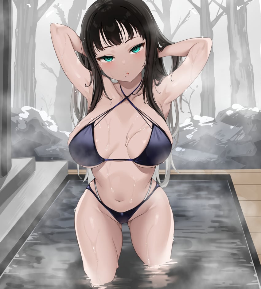 1girls armpits arms_behind_head arms_up ass_visible_through_thighs bangs bathing bikini black_hair blunt_bangs blush breasts bursting_breasts clothing cowboy_shot green_eyes hime_cut hips huge_breasts kurosawa_dia large_breasts long_hair looking_at_viewer love_live! love_live!_sunshine!! mole mole_under_mouth navel overflowing_breasts revealing_clothes revealing_swimsuit sagging_breasts seducing seductive seductive_eyes seductive_look sultry_eyes swimsuit tem10 thick_thighs thighs too_small_bikini underboob undersized_clothes very_long_hair wide_hips