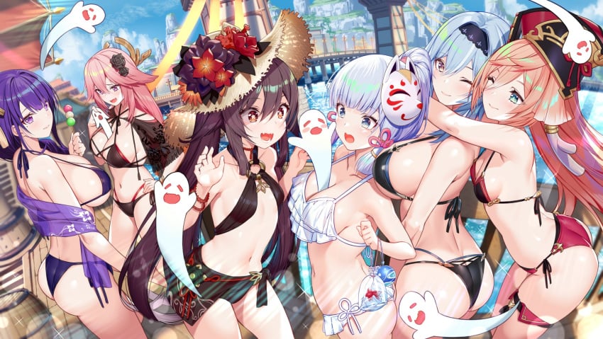 6+girls 6girls akusema arched_back ass between_breasts bikini blush blush_stickers breasts cleavage closed_eyes dango dat_ass eula_(genshin_impact) female female_only fox genshin_impact ghost hat highres horn hu_tao_(genshin_impact) hug hug_from_behind kamisato_ayaka large_breasts mask milf mole mole_under_eye multiple_girls navel raiden_shogun small_breasts swimsuit twintails underboob yae_miko yanfei_(genshin_impact)