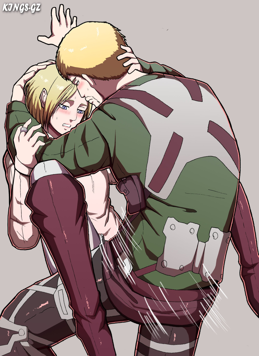 1boy 1girls against_wall annie_leonhardt attack_on_titan blonde_hair blue_eyes blush boots clothed clothed_sex kings-gz knee_boots medium_hair reiner_braun shingeki_no_kyojin shiny_hair shiny_skin short_hair vaginal_penetration