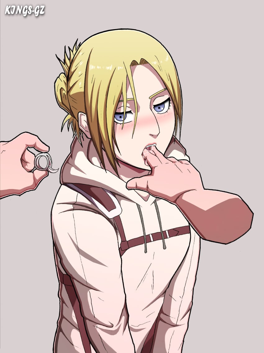 annie_leonhardt attack_on_titan blonde_hair blue_eyes fingers_in_mouth imminent_oral kings-gz open_mouth oral saliva saliva_drip saliva_string seductive_mouth shingeki_no_kyojin throat_fingering tied_hair tongue_out