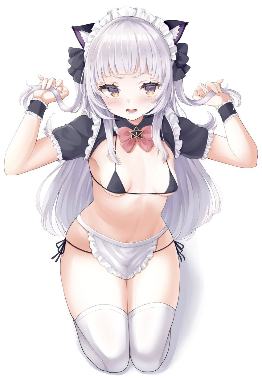 angry bikini blush bowtie breasts cat_ears embarrassed fake_animal_ears grey_hair hololive hololive_gen_2 hololive_japan kneeling long_hair looking_at_viewer maid maid_bikini maid_headdress micro_bikini midriff multicolored_eyes murasaki_shion open_mouth purple_eyes seafood2210 small_breasts swimsuit thighhighs thighs virtual_youtuber wide_hips yellow_eyes