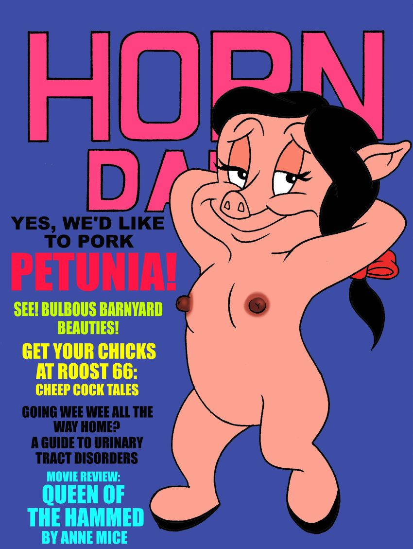 anthro arms_behind_head black_hair english_text eyelashes female flat_chest furry hooves large_nipples looney_tunes nude petunia_pig pig smooth_skin solo toonytease twintails warner_brothers