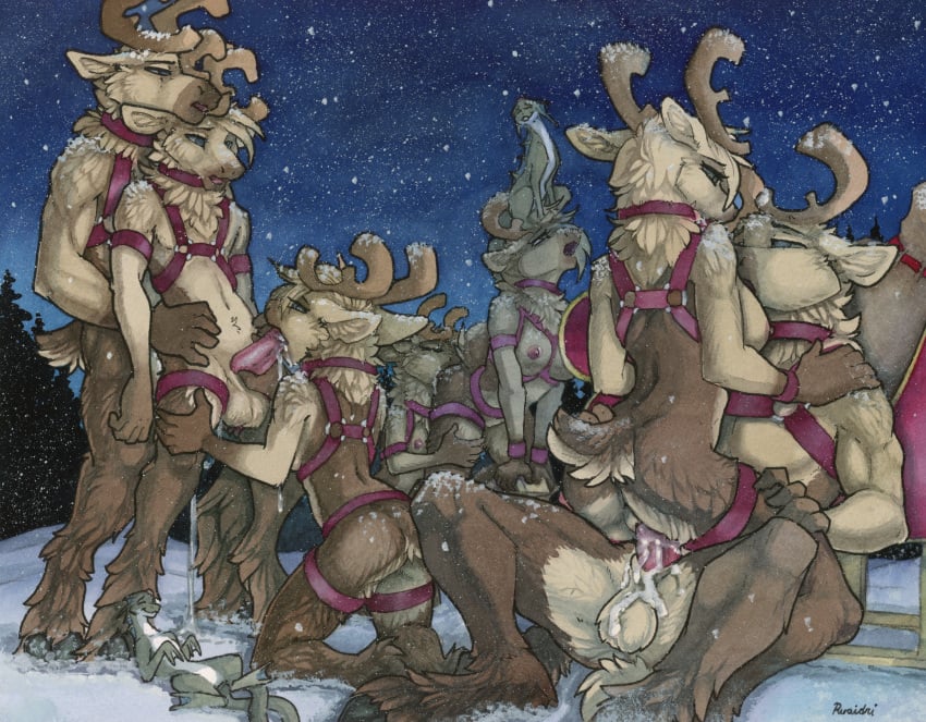 absurd_res anthro capreoline cervid collar cunnilingus fellatio female female/female group group_sex harness hi_res hypnosis male male/female male/male mammal mind_control oral orgy penile reindeer ruaidri sex snow vaginal_penetration