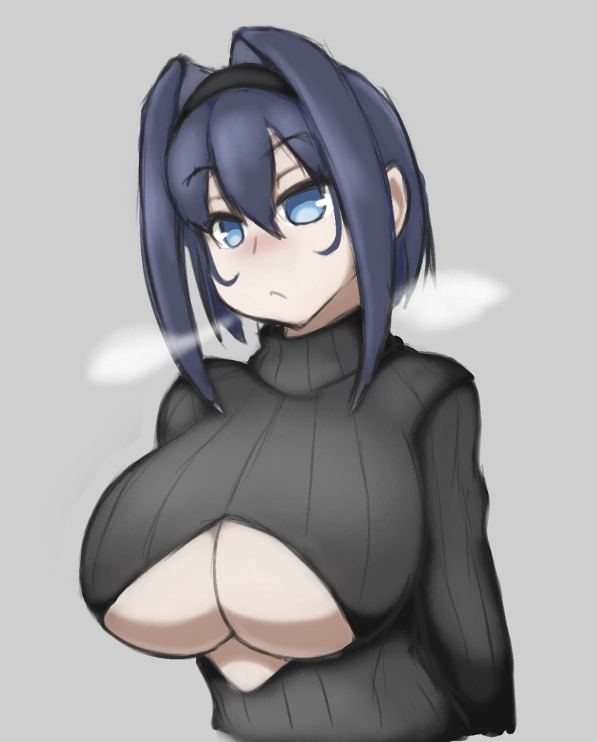 black_hair blue_eyes cleavage dizner hololive hololive_english hololive_english_-council- hololive_english_-promise- large_breasts ouro_kronii sweater underboob virtual_youtuber visible_breath