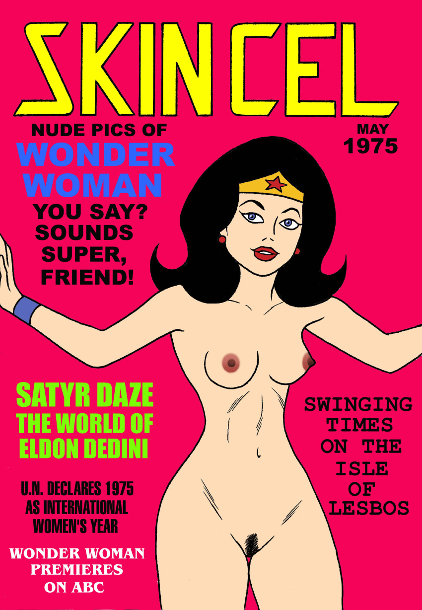 black_hair blue_eyes dc dc_comics earrings english_text female large_breasts lipstick long_hair nude pubic_hair solo toonytease wonder_woman wonder_woman_(series)